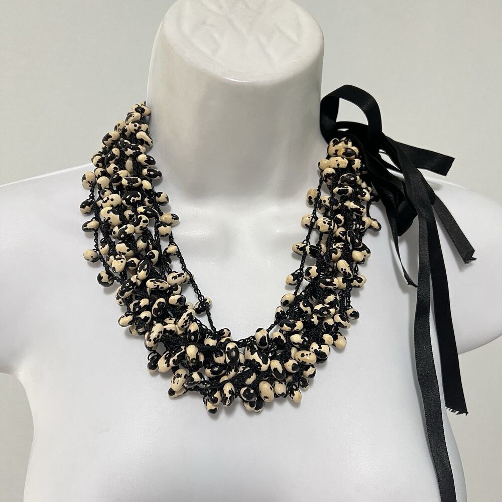 Multi Strand Black Beans String Necklace Handmade Natural Artisanal 22-30 in